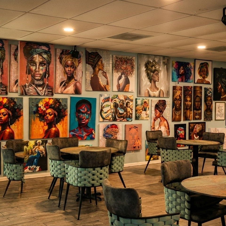 Restaurant interior with numerous vibrant portraits of Black women on the walls and round tables with chairs.