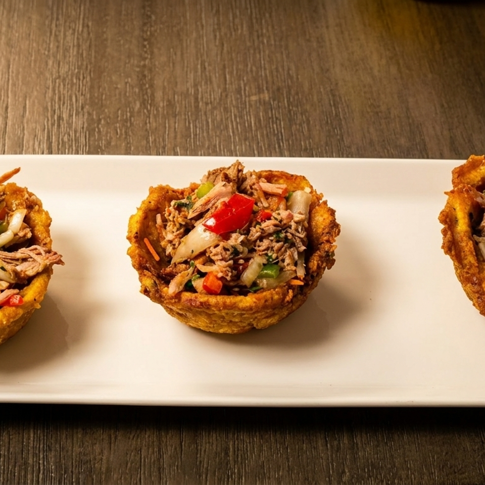 Three golden plantain cups filled with shredded meat, red and green peppers, and onions.