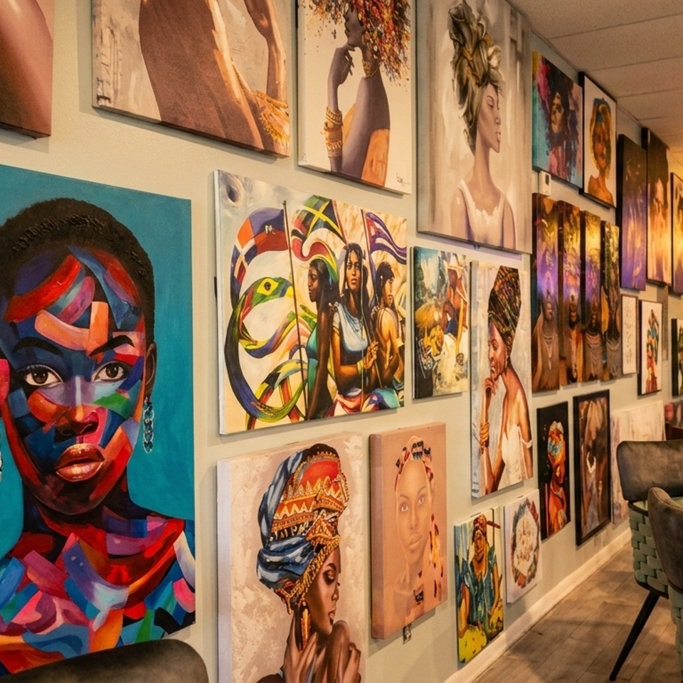A restaurant interior with a wall full of vibrant, colorful paintings and a seating area.