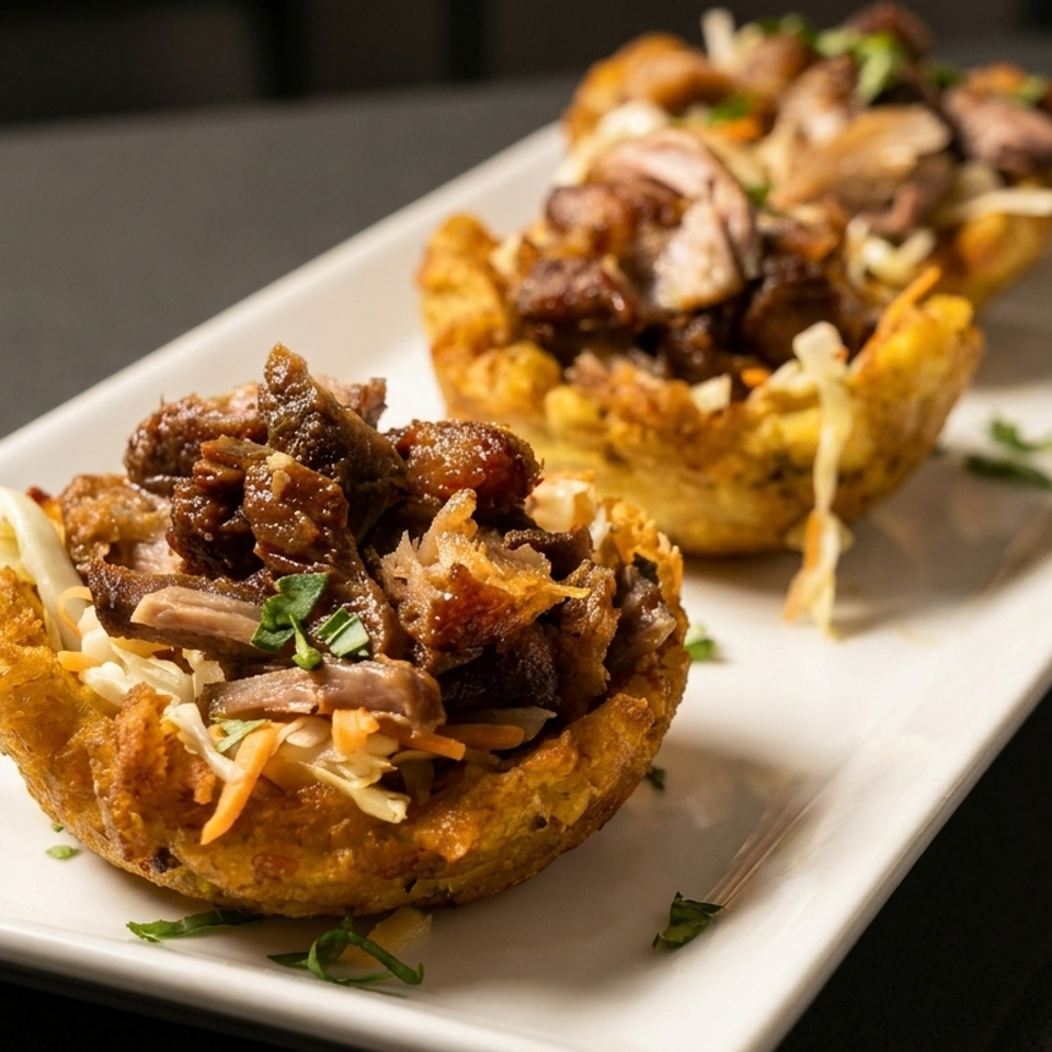 Two golden fried plantain cups filled with savory shredded meat and fresh coleslaw on a white plate.