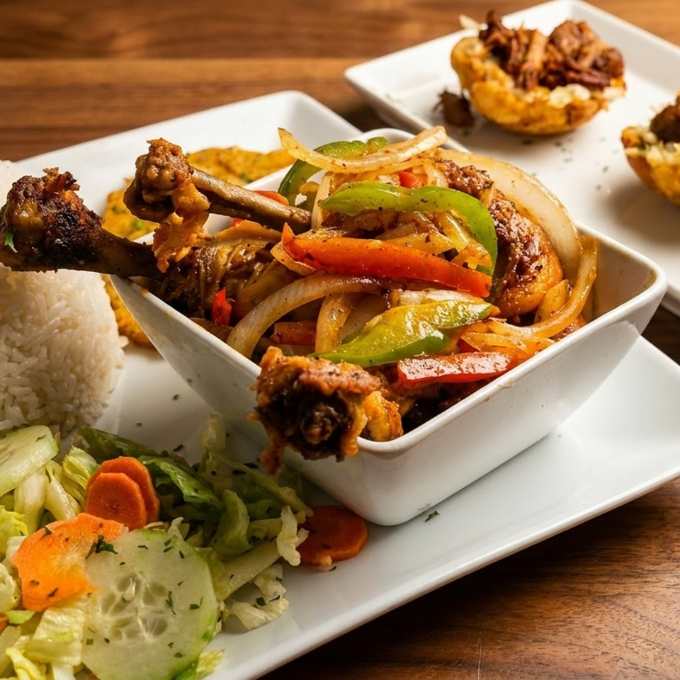 Chicken and vegetable stir-fry with white rice, salad, and plantain cups filled with meat.